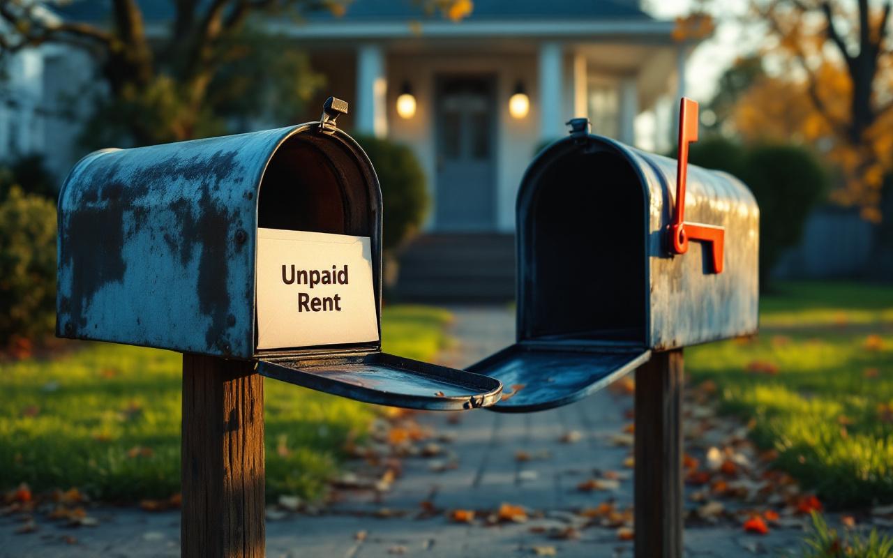 Bo&icirc;te aux lettres ouverte et vide devant une maison, une lettre indiquant 