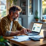 un-proprietaire-assis-a-une-table-de-cuisine-en-bois-verifie-un-devis-dassurance-sur-un-ordinateur-portable-entoure-de-papiers-et-dune-tasse-la-lumiere-naturelle-douce-entre-par-la-fenetre-et