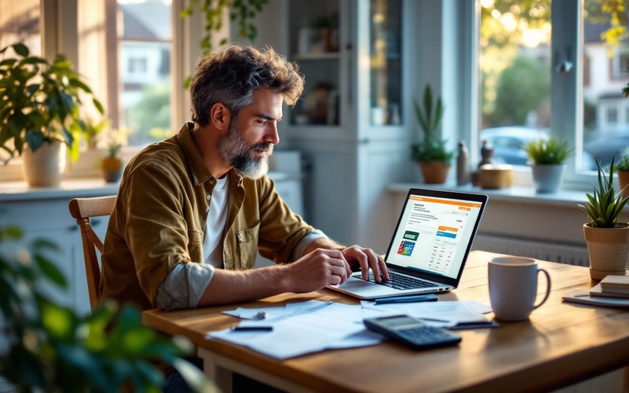 un-proprietaire-assis-a-une-table-de-cuisine-en-bois-verifie-un-devis-dassurance-sur-un-ordinateur-portable-entoure-de-papiers-et-dune-tasse-la-lumiere-naturelle-douce-entre-par-la-fenetre-et