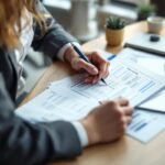 Une responsable de PME analyse un budget de déplacements professionnels sur un bureau, avec des documents d’assurance et un ordinateur portable, sous une lumière naturelle.