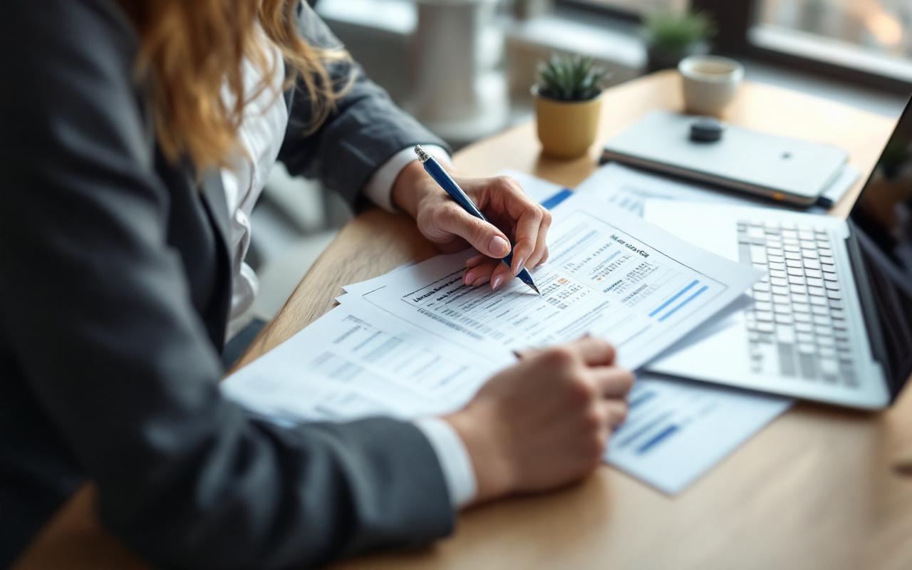 Une responsable de PME analyse un budget de déplacements professionnels sur un bureau, avec des documents d’assurance et un ordinateur portable, sous une lumière naturelle.