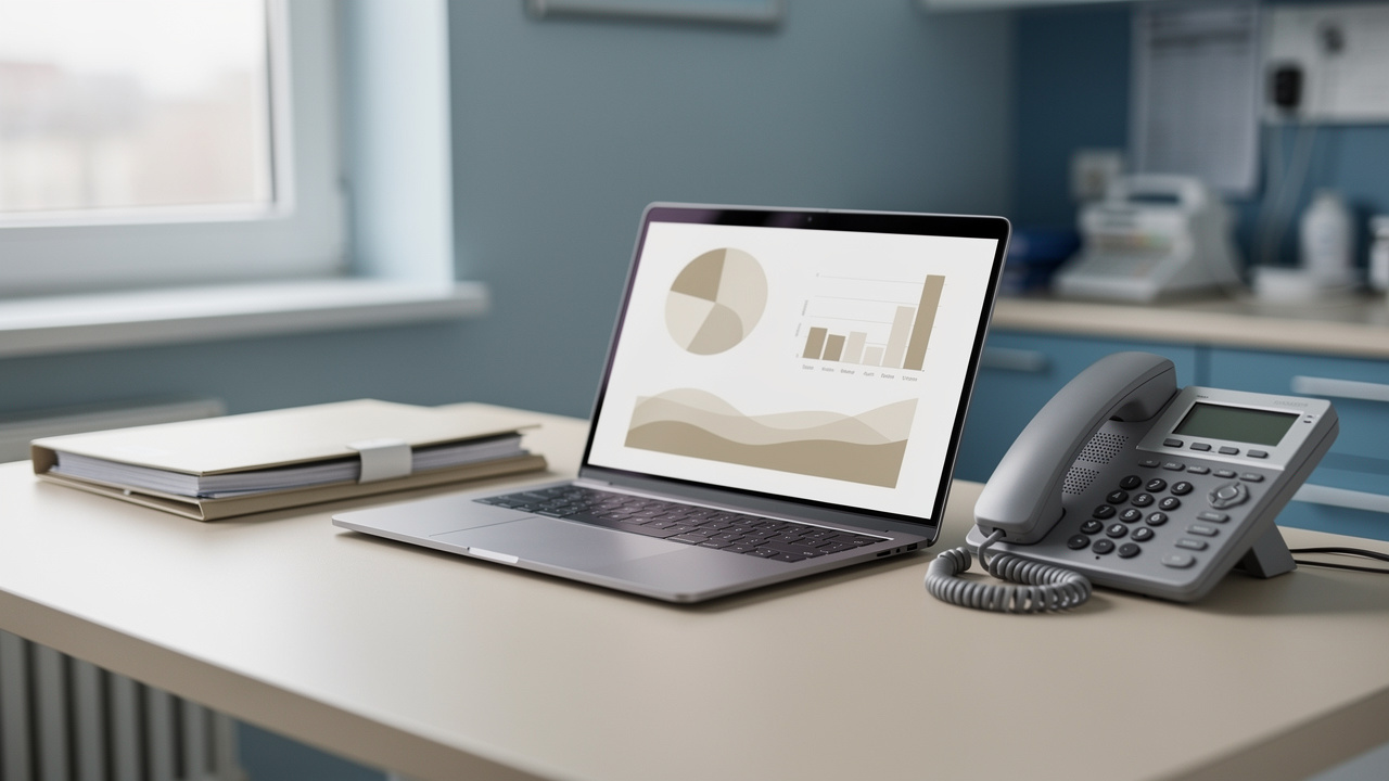 Bureau de cabinet infirmier organisé avec un ordinateur affichant des graphiques financiers abstraits, un dossier médical fermé et un téléphone professionnel.