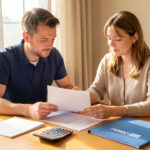 Un homme et une femme examinent ensemble des documents financiers vierges, une calculatrice et un dossier de prêt immobilier non marqué sur une table lumineuse.