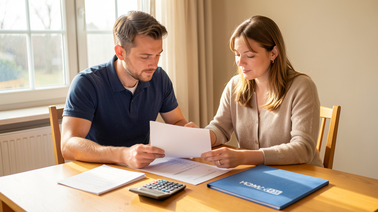 Un homme et une femme examinent ensemble des documents financiers vierges, une calculatrice et un dossier de prêt immobilier non marqué sur une table lumineuse.