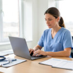 Une infirmière libérale en blouse bleue consulte ses comptes professionnels sur un ordinateur, avec des documents vierges et un stéthoscope sur un bureau dans un cabinet lumineux.