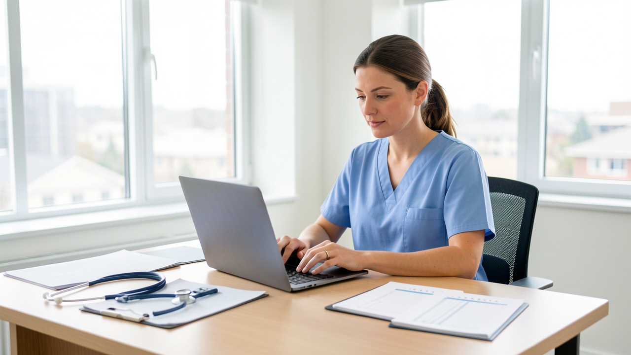 Une infirmière libérale en blouse bleue consulte ses comptes professionnels sur un ordinateur, avec des documents vierges et un stéthoscope sur un bureau dans un cabinet lumineux.
