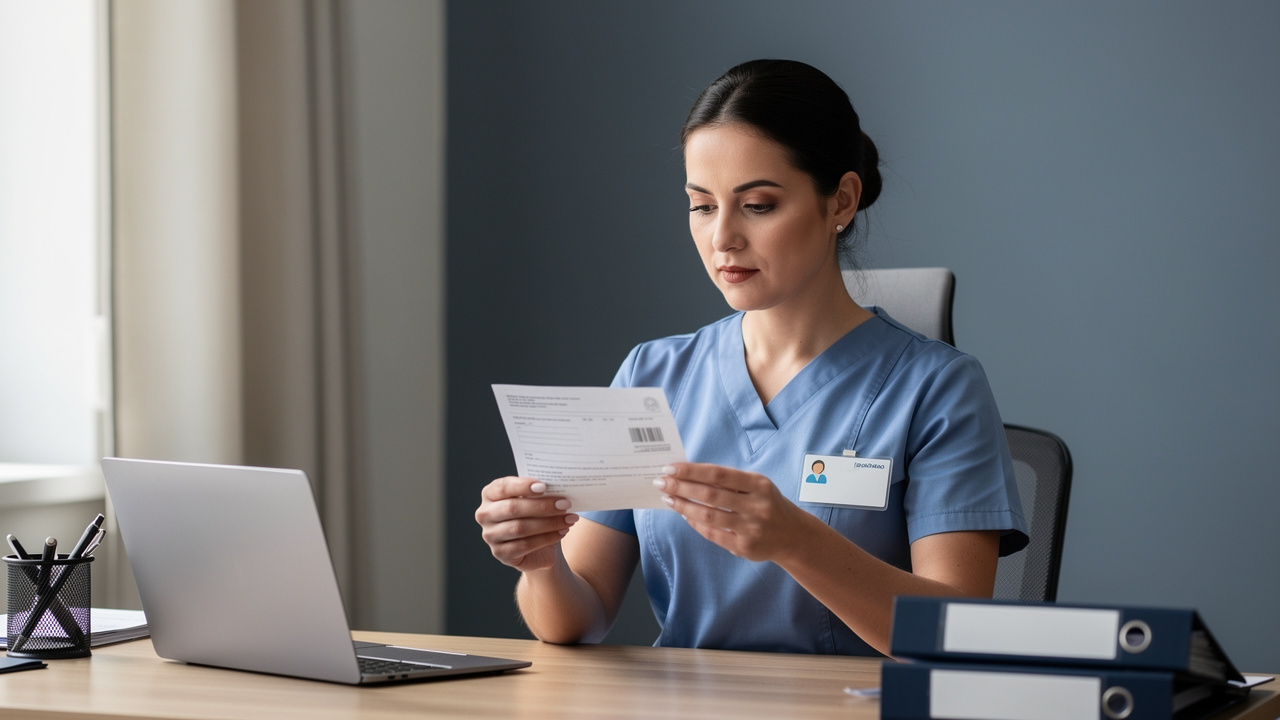 Infirmière libérale en tenue professionnelle consultant des documents vierges de complémentaire santé à son bureau, dans une ambiance sobre et réaliste.