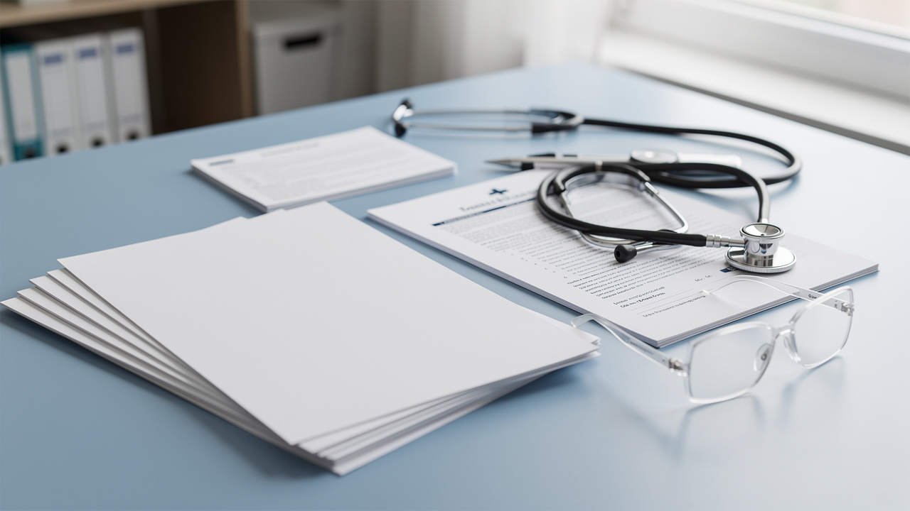 Tableau de garanties santé vierge accompagné d’un stéthoscope et de lunettes sur le bureau lumineux d’un cabinet infirmier.
