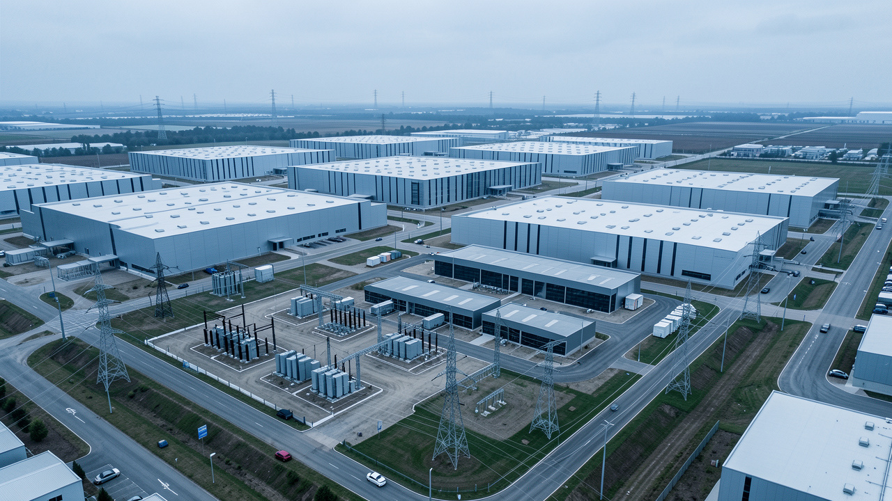 Vue aérienne réaliste d’un vaste data center hyperscale moderne entouré de postes électriques, de transformateurs et de lignes à haute tension, sous une lumière froide.
