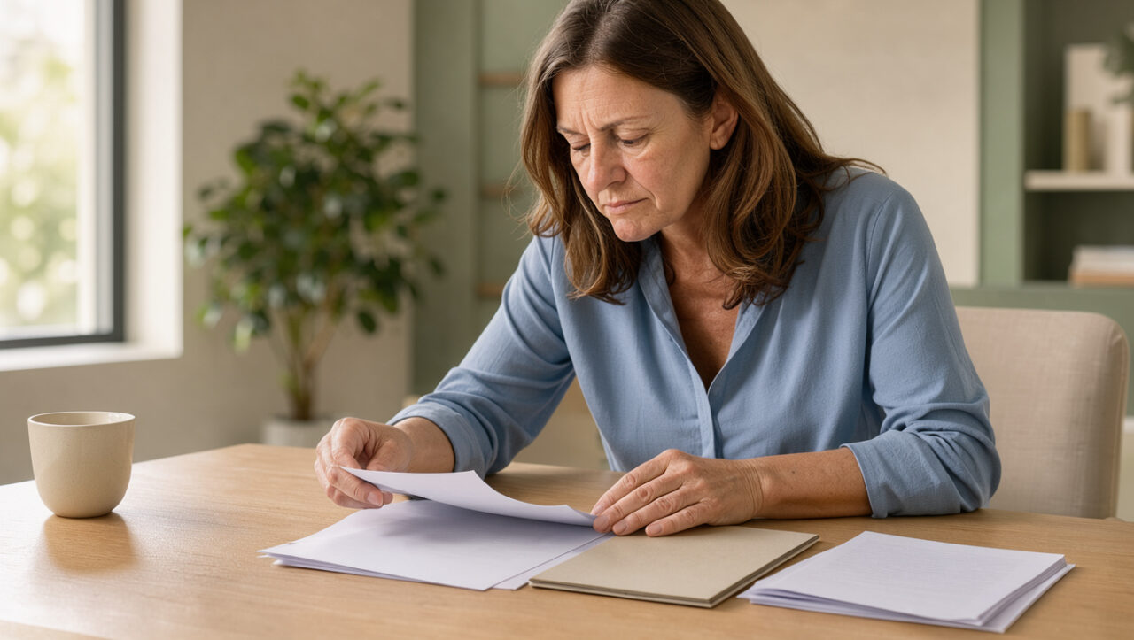 Une épargnante examine des documents d’investissement et un dossier de protection juridique sur un bureau lumineux.