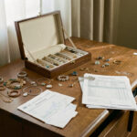Intérieur réaliste d’un logement après une effraction, avec un écrin de bijoux ouvert sur une commode, des bijoux dispersés et des documents administratifs non lisibles.
