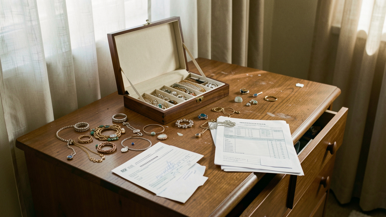 Intérieur réaliste d’un logement après une effraction, avec un écrin de bijoux ouvert sur une commode, des bijoux dispersés et des documents administratifs non lisibles.